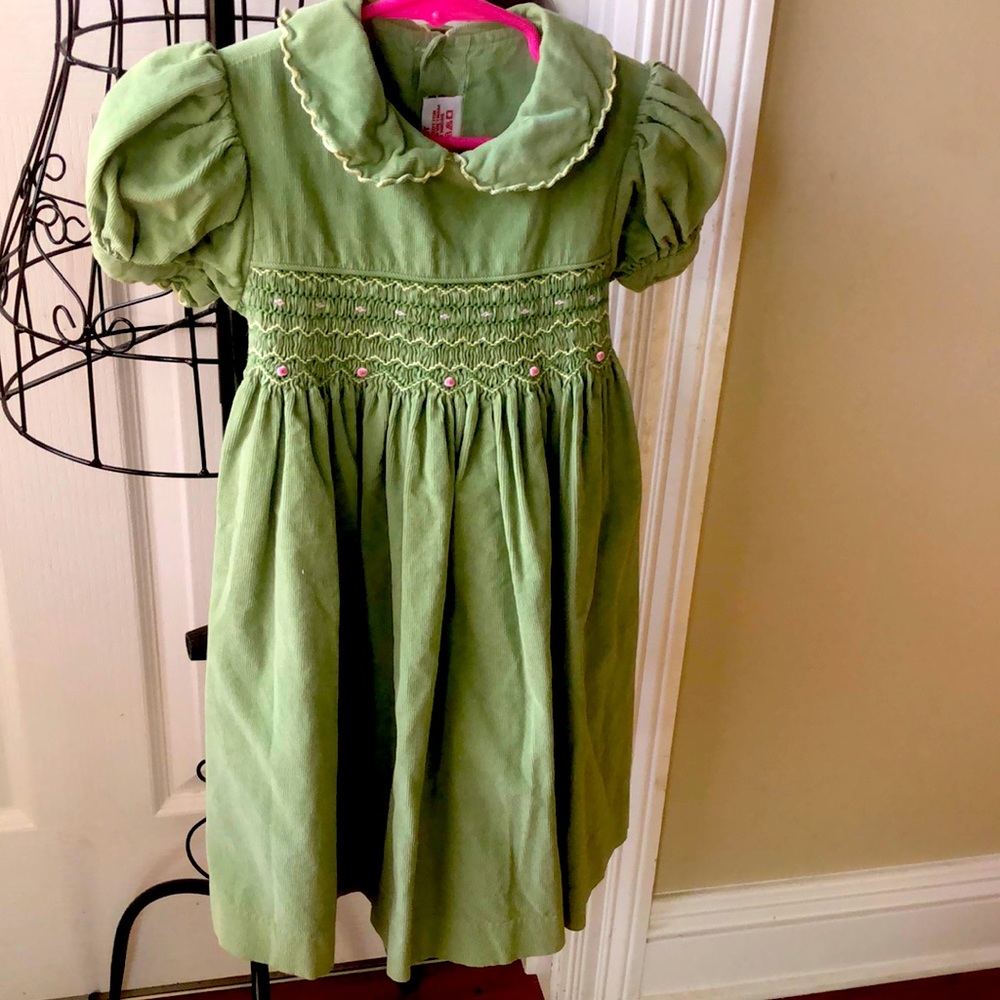 Smocked corduroy pea green toddler dress